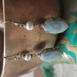 Pearl and Turquoise pierced dangle earrings